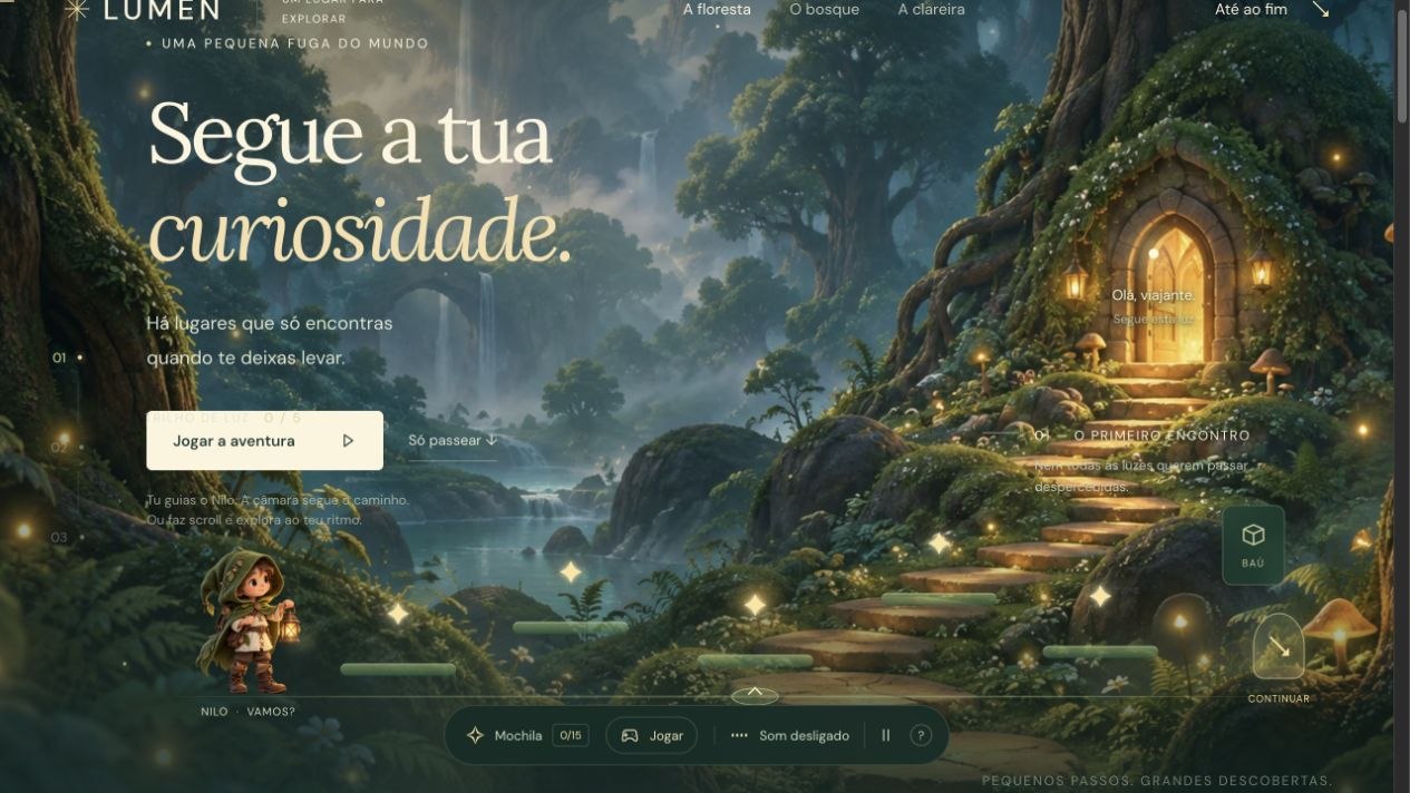 Nilo exploring a forest with platforms and collectible lights in Lúmen